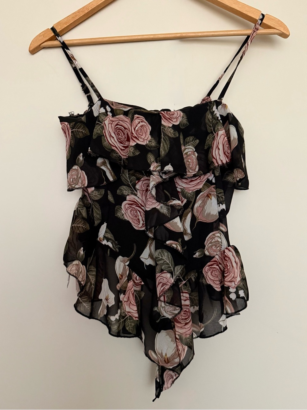 Y2K Vintage Sheer Black Rose Ruffle Spaghetti Strap Ruched Smock Top S/M